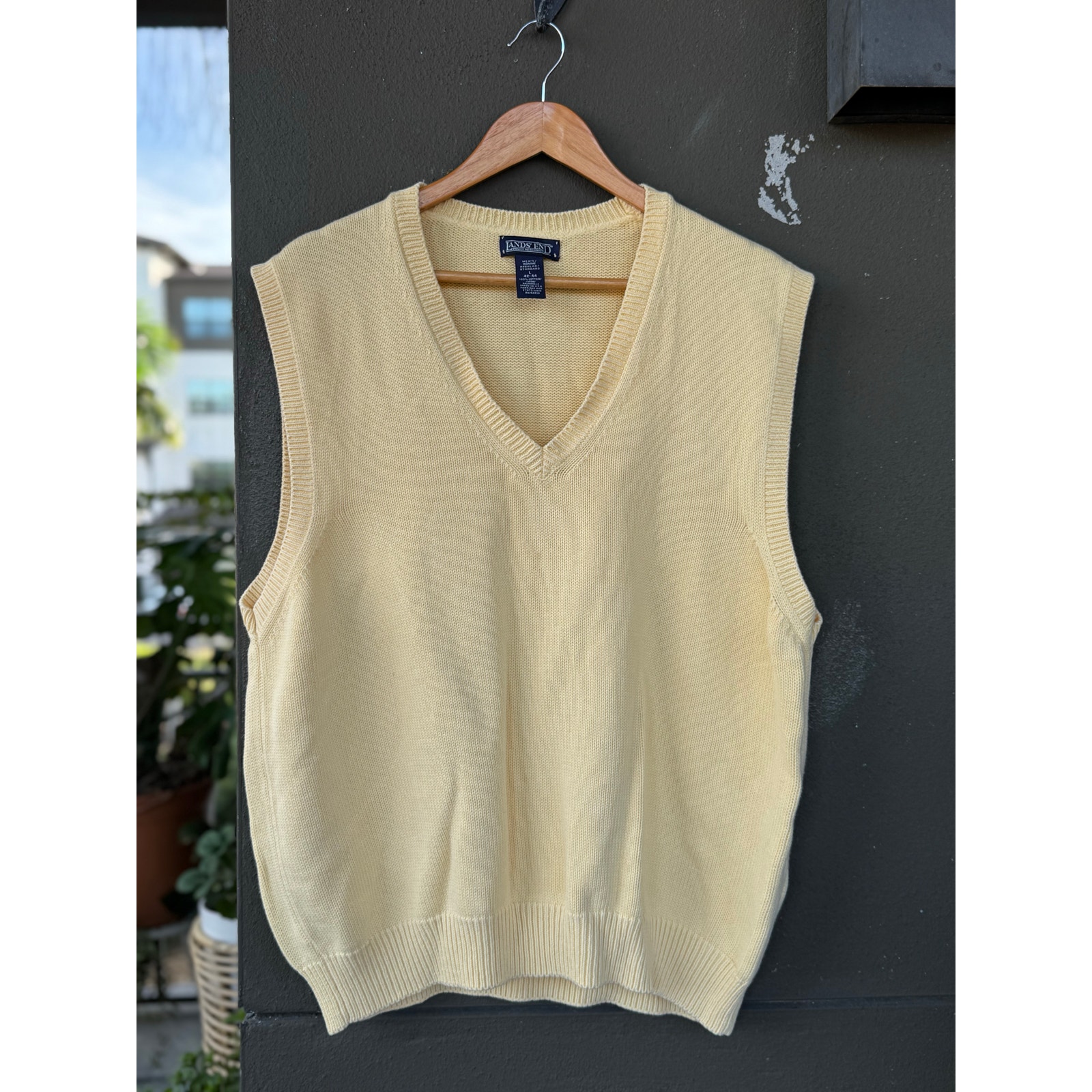 Vintage Lands End Drifter Sweater Vest Men Large 42-44 Yellow V-Neck Cotton Golf